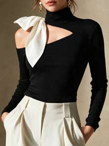 Balvessa Women's Half-High Neck One-Shoulder Asymmetrical Cut-Out Off-Shoulder Top With White Contrast Ribbon Bow Decor, Long Sleeve, Cinched Waist - Black and White - View 1