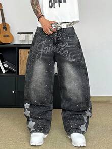 STEELVANCE Celana Jeans Denim Kasual Gaya Jalanan Retro Serbaguna dengan Desain Kumis Kucing dan Rhinestone, Potongan Longgar, Lurus, dan Lebar (Tidak Termasuk Sabuk atau Aksesoris) - Hitam - View 2
