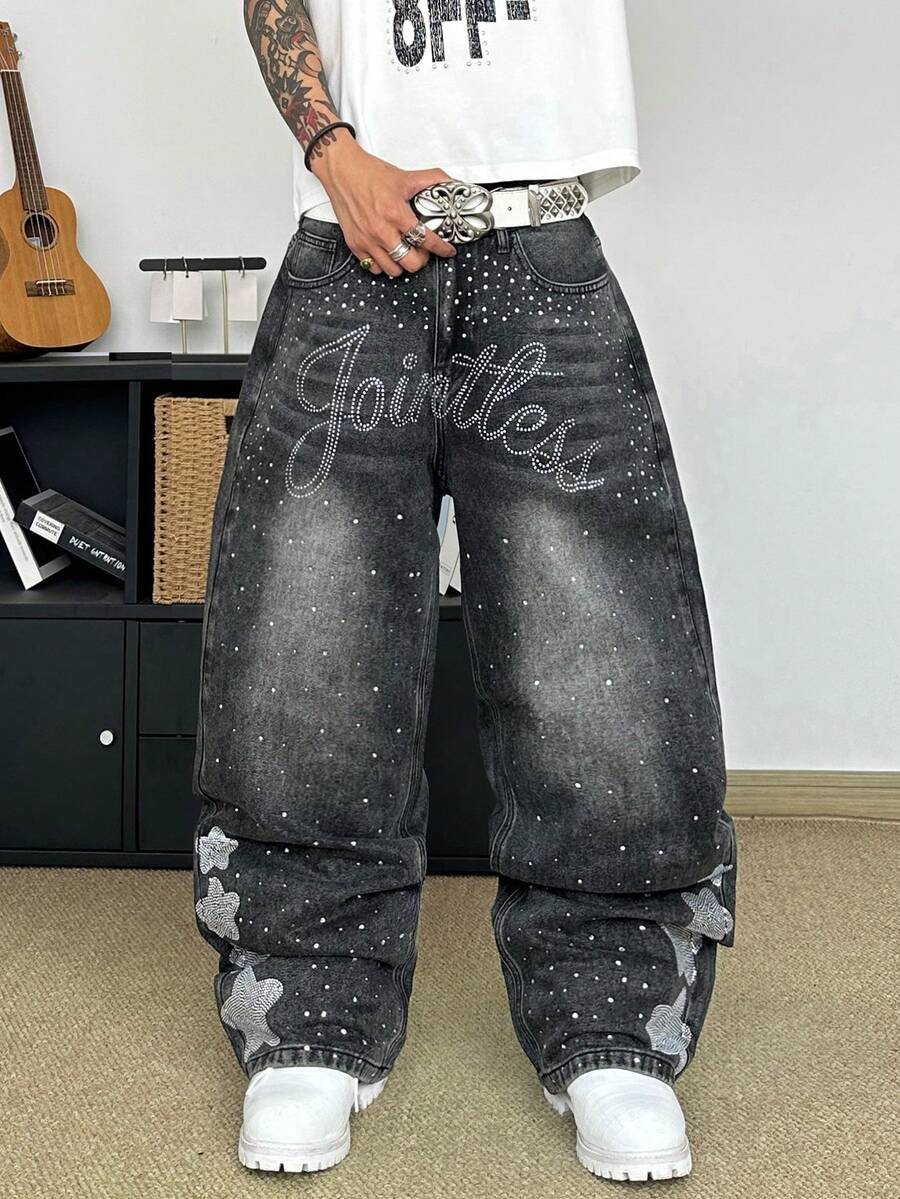 STEELVANCE Celana Jeans Denim Kasual Gaya Jalanan Retro Serbaguna dengan Desain Kumis Kucing dan Rhinestone, Potongan Longgar, Lurus, dan Lebar (Tidak Termasuk Sabuk atau Aksesoris)