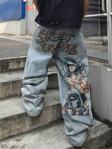 STEELVANCE Streetwear Retro Fashion Versatile Distressed Washed Rivet Character Letter Print Design Loose Straight Wide Leg Casual Denim Jeans Holiday Summer - Light Wash - View 3