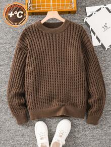 SHEIN Teen Boys' Crew Neck Textured Knit Sweater,Minimalist Solid Color Brown Pullover Top For Autumn - Brown - View 5