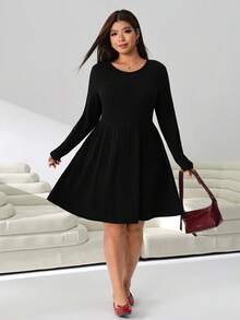 Solflare Plus Size Casual Versatile Solid Color Dress Fall - Black - View 5