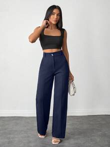 Wovencharm Wovencharm Petite Size Women Solid Color High Waist Straight Leg Pants For Everday Wear - Navy Blue - View 3