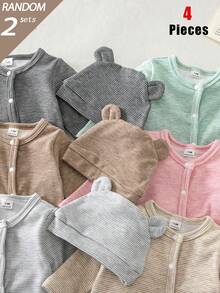 SHEIN 盲盒 6 件 2 套裝 秋冬薄款短毛絨新生兒嬰兒男/女嬰針織圓領長袖連身衣附 3D 耳朵帽子，多色親膚柔軟復古細條紋睡衣居家服 - 彩色 - 查看 3