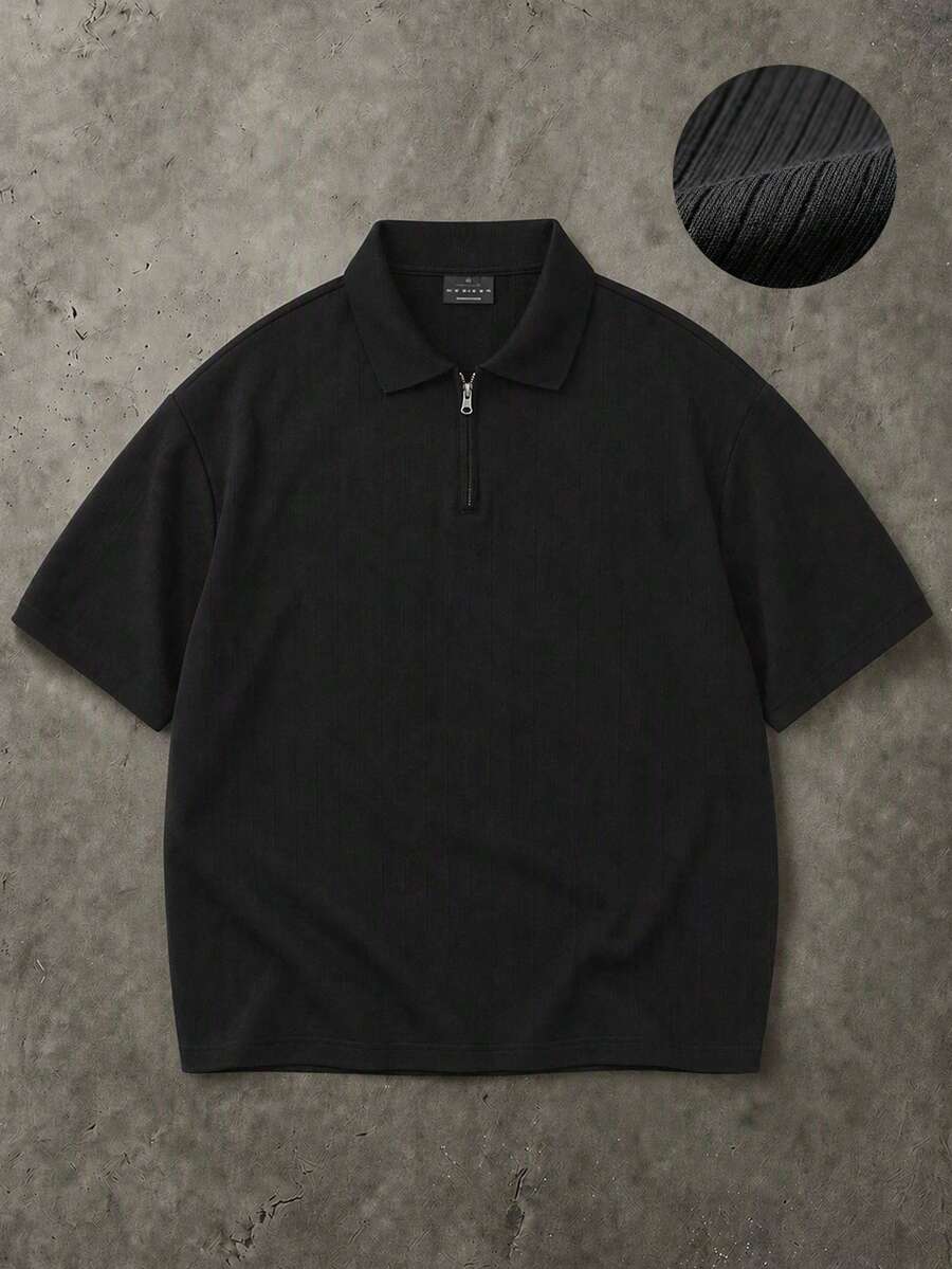 SUMWON 半拉鍊短袖 Polo 衫,平領設計,純色寬鬆方正版型,夏季休閒上衣 - 黑色 - 查看 1