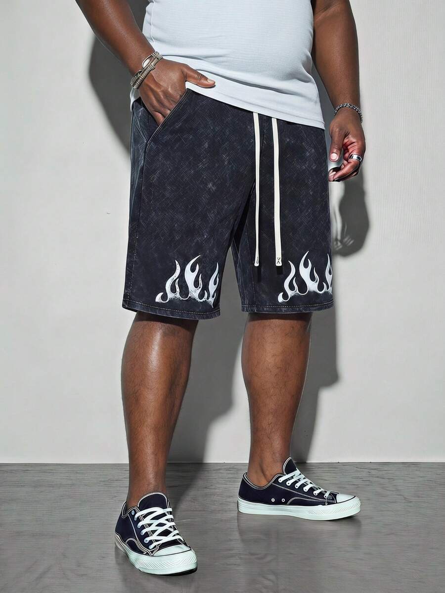 Modcrash Plus Size Men's Casual Distressed Flame Print Shorts, Minimalist Pattern, Suitable For School And Daily Wear - Black - View 1