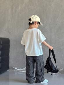 1件男孩休閒運動可愛日常舒適街頭風百搭印花直筒長褲，適合外出、上學、日常聚會，春秋秋冬開學季 - 黑色 - 查看 4