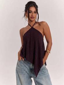 SHEIN BAE 女款性感時尚亮片閃光不對稱下擺掛脖綁帶上衣 - 中紫紅色 - 查看 1