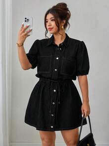 Elenzga Plus Size Women Elegant Comfortable Loose Deep Blue Non-Stretch Denim Dress - Black - View 3