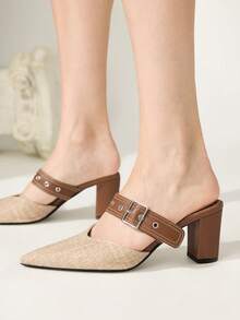 CUCCOO CHICEST Spring And Summer New Linen Pointed Toe Women's High Heels Shoes Mule Shoes Leather Buckle Thick Heel Slouchy Shoes Retro Casual Dating Party Fall Shoes - Brown - View 5