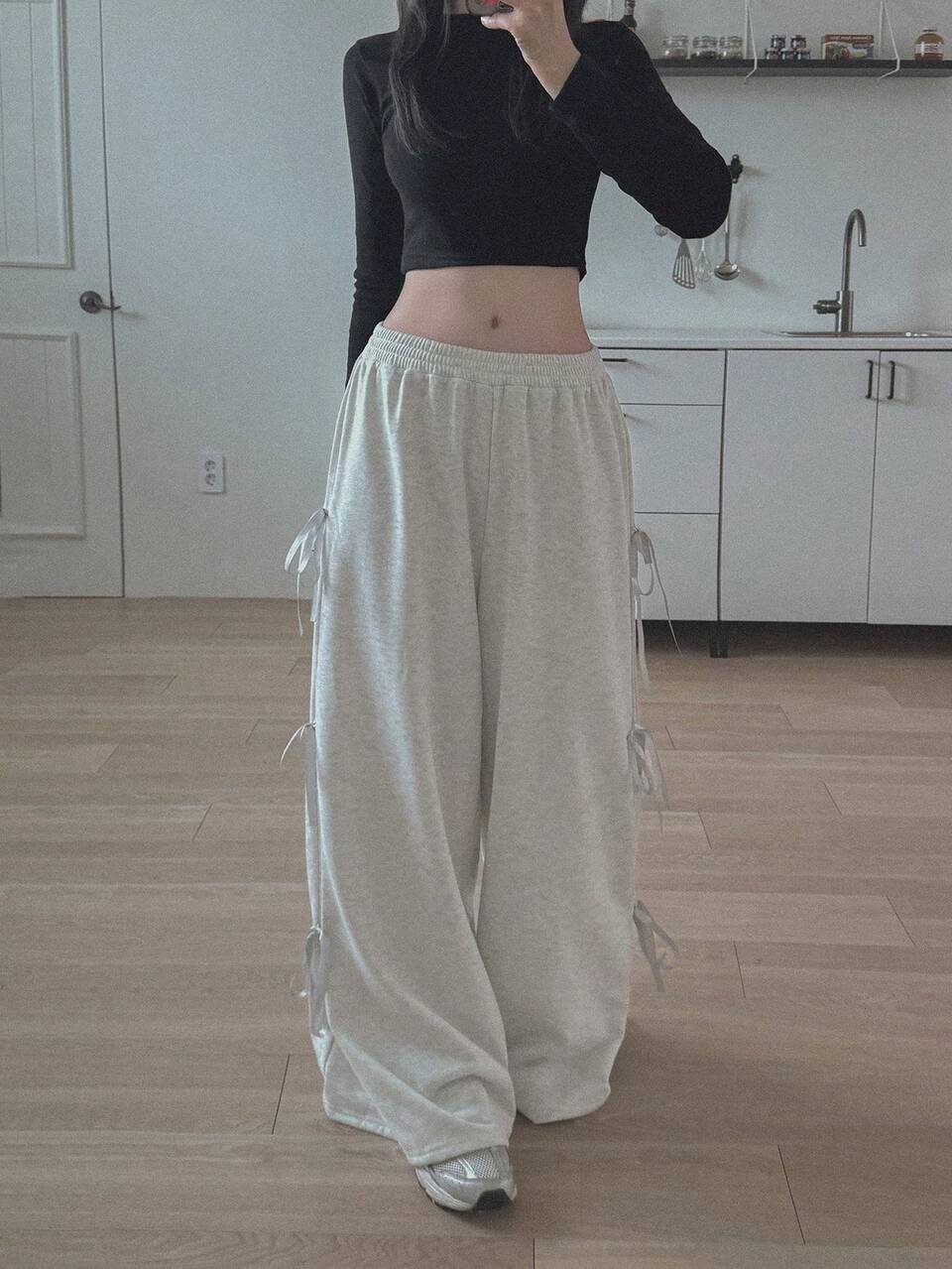 Bowknot Contrast Color Solid Loose Sports Long Pants Elastic Waist Wide Leg Casual Vacation Girl Summer Women Sweatpants Everyday Home Light Grey