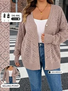 SHEIN CURVE+ 大尺碼女款素色鏤空長袖單排扣針織開襟衫 - 粉色 - 查看 1