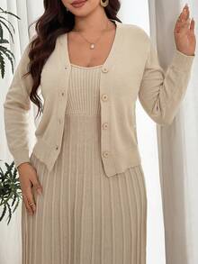 Modelyn Plus Size Women Solid Color Dress And Long Sleeve Cardigan Casual Knit Set - Apricot - View 5