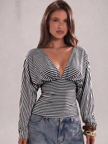 SHEIN BAE 女款深V領條紋休閒百搭日常穿搭上衣 - 黑與白 - 查看 3