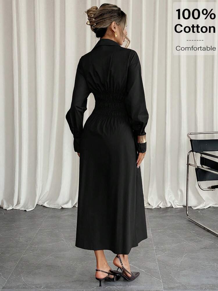 Siren Gaze Women's Casual Commute Solid Color Front Button Long Dress - Black - View 4
