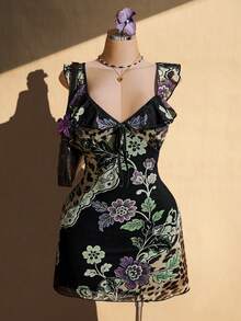 SHEIN ICON Women's Plus Size Floral Print Patchwork Ruffle Hem Front Tie Dress For Vacation - Multicolor - View 1