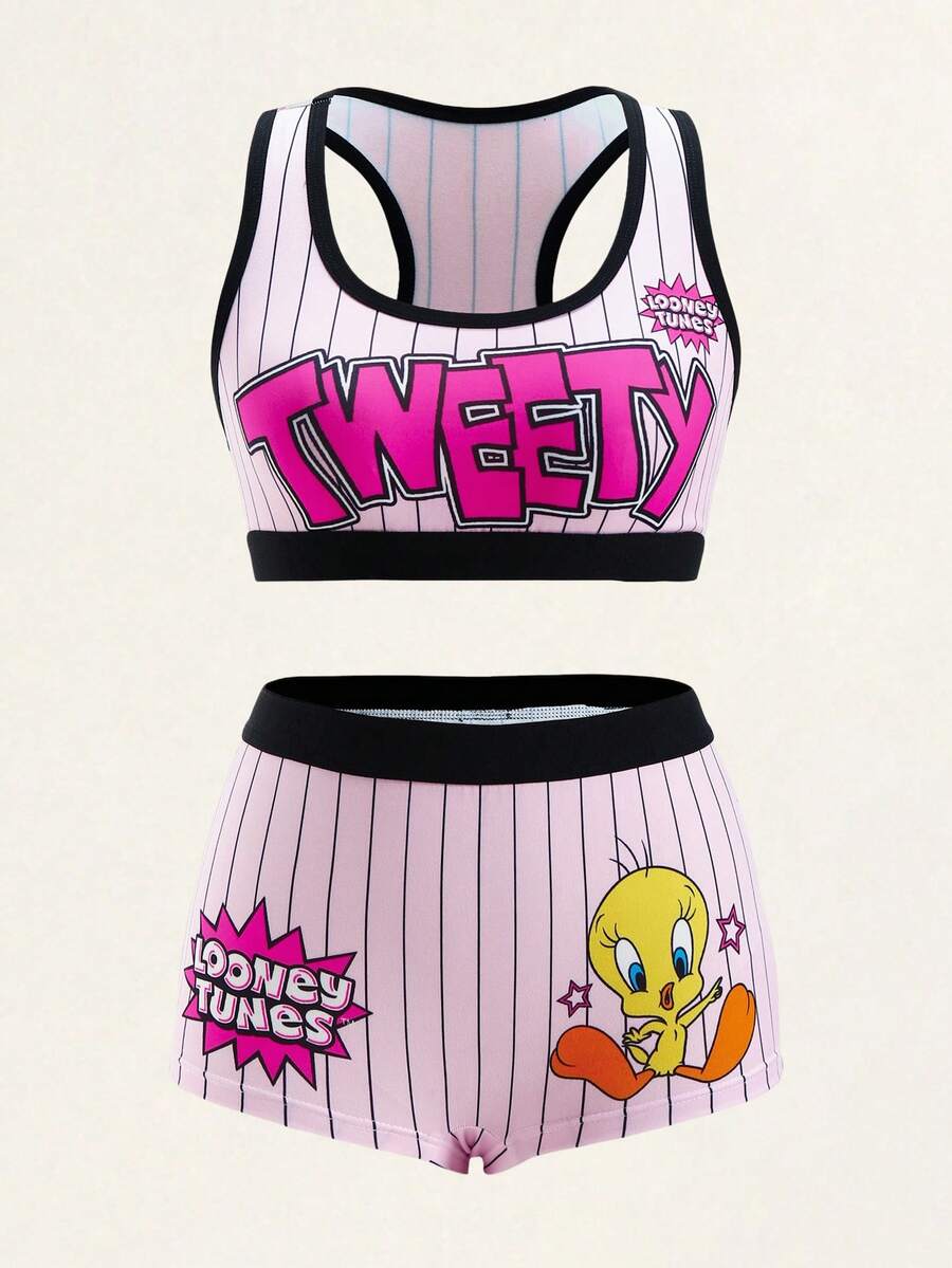 LOONEY TUNES X SHEIN 女款字母條紋休閒背心內衣套裝 - 粉色 - 查看 1