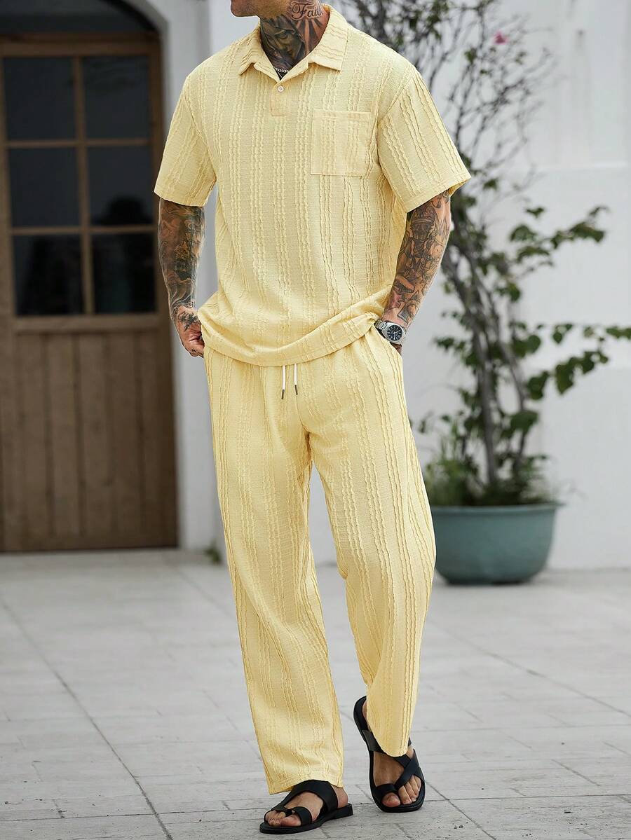 Manfinity CasualCool 男士 Polo 衫與長褲成熟休閒時尚套裝 - 黃色 - 查看 1