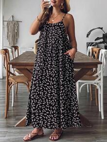 SHEIN VCAY Gaun Liburan Kasual Wanita Ukuran Besar dengan Motif Bunga Kecil, Tali Bahu Tipis, dan Kantong - Hitam dan Putih - View 4