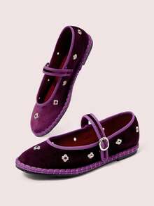 CUCCOO DOLLMOD Women's Shoes New Round Toe Purple Flower Metal Buckle With Versatile Mary Jane Closed Toe Flat Shoes - Purple - View 4