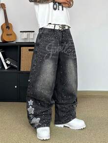 STEELVANCE Celana Jeans Denim Kasual Gaya Jalanan Retro Serbaguna dengan Desain Kumis Kucing dan Rhinestone, Potongan Longgar, Lurus, dan Lebar (Tidak Termasuk Sabuk atau Aksesoris) - Hitam - View 5