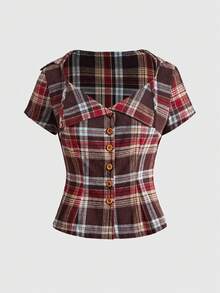 ROMWE Casual College Vintage Placket Button Plaid Checkered Fold Collar Women's Shirt - Multicolor - View 1