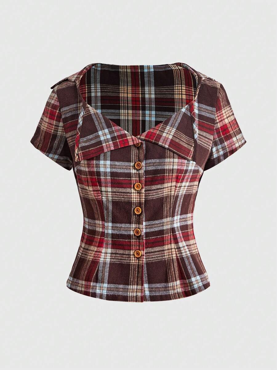 ROMWE Casual College Vintage Placket Button Plaid Checkered Fold Collar Women's Shirt - Multicolor - View 1