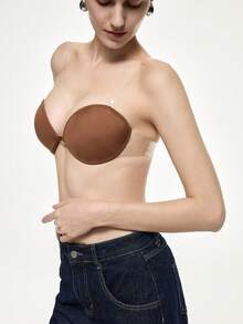 Bralution Brown Deep Skin Tone Transparent Strap Bandeau Invisible Underwire Molded Cup Push-Up Lifting Simple Daily Women's Strapless Bra - Brown - View 5