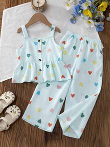 SHEIN Genkimix Kids 歐美風少女夏季心形印花細肩帶上衣 + 寬腿長褲 2件套，紋理泡泡布料，親膚，甜美可愛，適合 4-7 歲女孩，戶外玩樂穿搭首選 - 藍色 - 查看 8