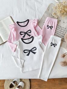 SHEIN Playful Pals 女嬰圓領蝴蝶結裝飾長袖T恤與長褲休閒日常套裝 - 彩色 - 查看 3
