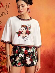 Glamance Frida Kahlo X SHEIN Portrait & Floral Print White Short Sleeve Cropped Loose Fit T-Shirt And Elastic Waist Shorts, Elegant Mature Cute Casual Sexy Outfit For Going Out, Work, Office, Daily Wear, Party, Birthday, Vacation, Middle East Travel, Beach, Swimwear, , Night Out, Bohemian, Back To School, Summer - White - View 4