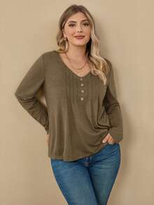 EMERY ROSE Plus Size Women's Solid Color Button Design Long Sleeve Casual T-Shirt - Brown - View 3