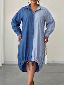 Maweii Gaun Kemeja Lengan Panjang Model High-Low Warna-Blok untuk Wanita Ukuran Plus, Musim Gugur - Biru - View 4
