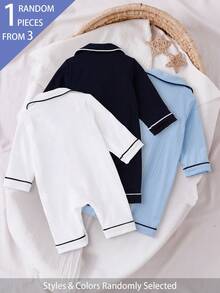 SHEIN Vintaside Kids 3件組隨機1件新生兒居家連身睡衣，卡通騎士刺繡圖案配對比色滾邊，皇家藍、淺藍、白色羅紋布料，柔軟舒適，新生兒最佳禮物 - 彩色 - 查看 2