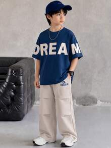 SHEIN 青少年男孩字母印花短袖上衣與長褲休閒日常2件套 - 彩色 - 查看 1