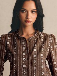 Poéselle Women's All-Over Print Casual Versatile Daily Wear Shirt - Brown - View 7