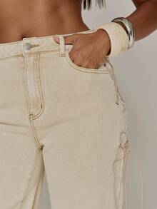 MUSERA Washed Eyelet Tie High Waist Denim Jeans Only Summer Sexy Going Out Party Holiday Festival Rave - Khaki - View 5