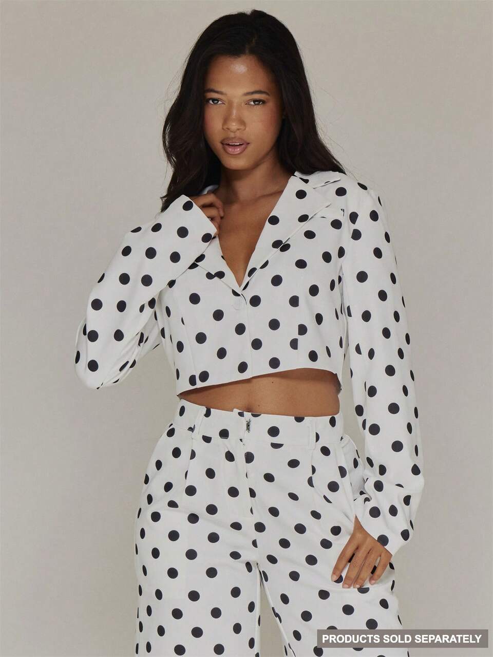 White Woven Polka Dot Cropped Long Sleeve Blazer Summer Cute Vacation Holiday Office Everyday