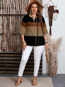 EMERY ROSE Women's Fashion Casual Striped Notched Neck 3/4 Sleeve Shirt - Multicolor - View 5