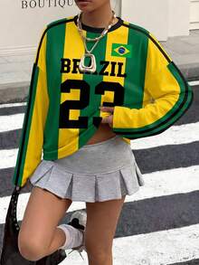Muchica 世界盃女款休閒街頭運動風寬鬆運動上衣，圓領巴西國旗配色綠色條紋旅行款 - 彩色 - 查看 3