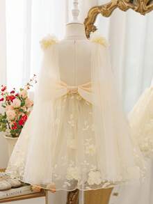 SHEIN Glamorique Kids 優雅香檳色花童禮服，無袖3D花卉刺繡公主長裙，附長款網紗披肩，適用婚禮、生日派對，秋冬款 - 香檳色 - 查看 5