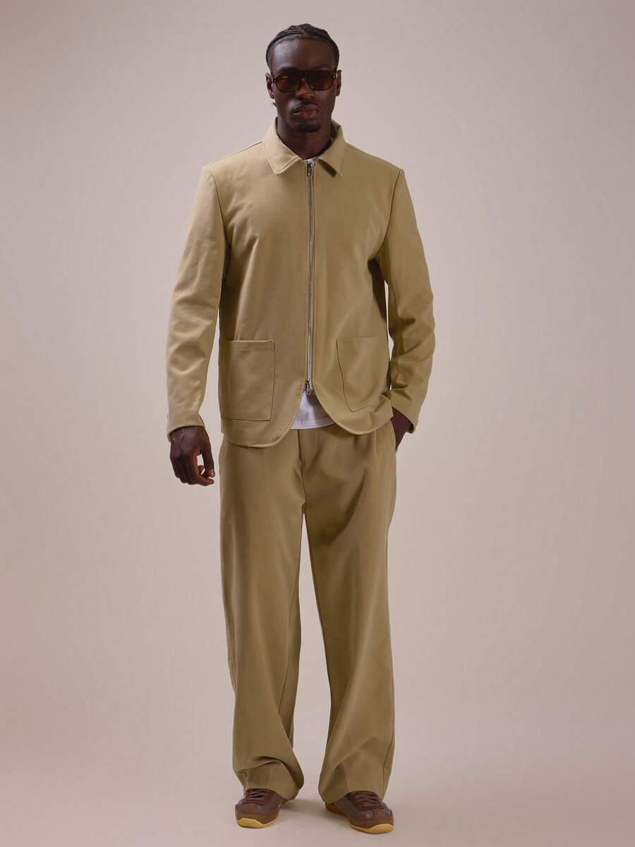 Musero Set In Sleeve Blazer With Stand Collar Center Front Zip Buttoned Cuffs - Khaki - View 1
