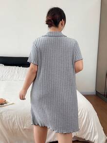 Napfluff CURVE Napfluff CURVE Minimalist Casual Style Frill Trim Lapel Button Knit Plus Size Nightgown - Grey - View 2