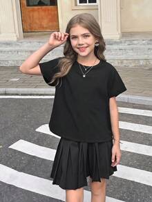 SHEIN Tween Girl 2件組時尚後背交叉開口對比線條設計肩袖開學穿搭 - 黑與白 - 查看 8