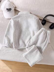 SHEIN Playful Pals 2件組少女針織衛衣，單面刷毛半拉鍊套頭上衣，休閒經典百搭淺灰色，秋季套裝 - 淺灰色 - 查看 3