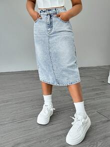 SHEIN Elladie kids 青春期前女孩百搭百搭简约休闲水洗浅蓝色牛仔迷你裙 - 淺色水洗藍 - 查看 5