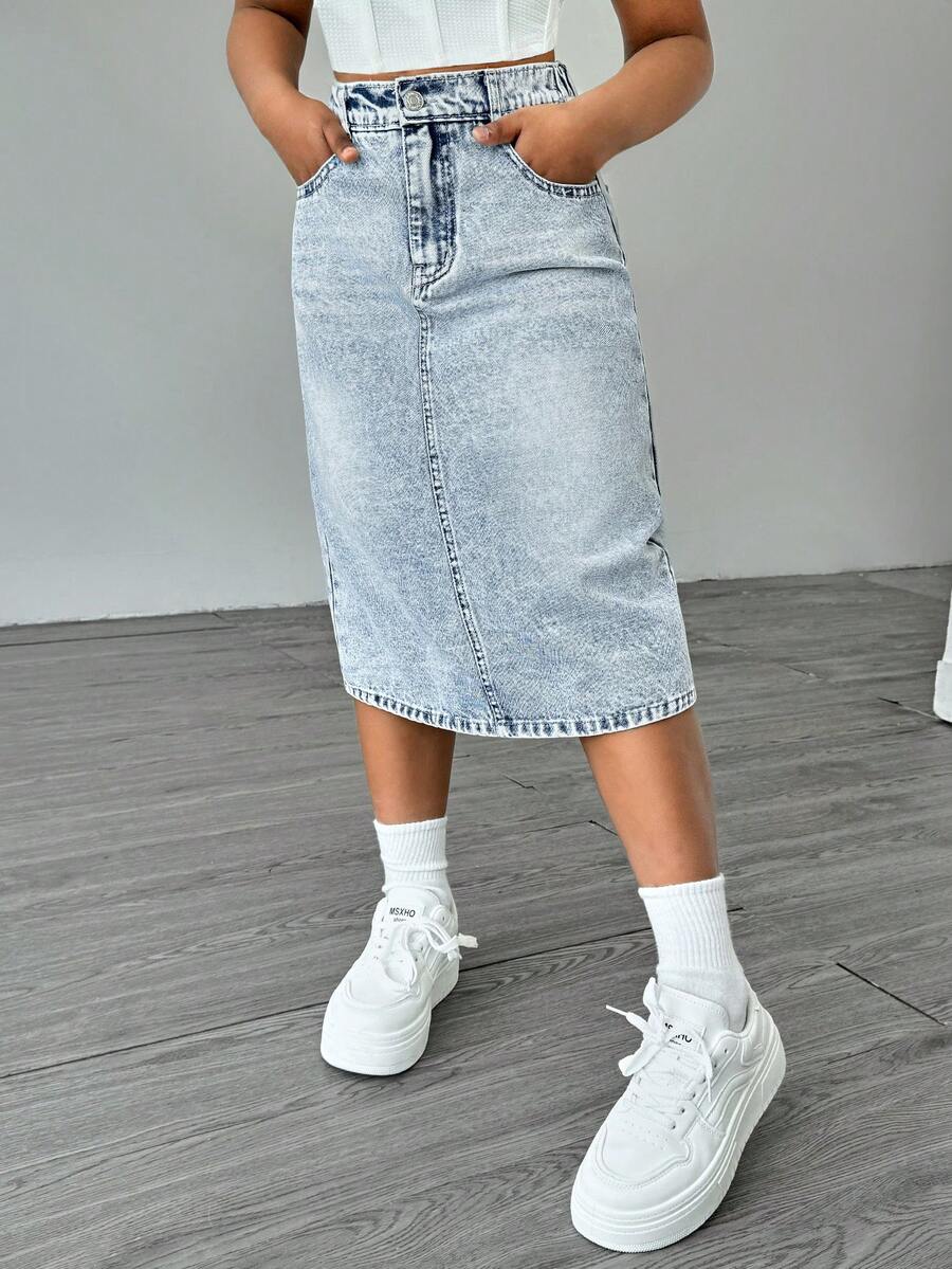SHEIN Elladie kids Rok Mini Denim Biru Muda Polos Serbaguna untuk Anak Perempuan Pra-Remaja, Cocok untuk Sekolah, Kampus, dan Perguruan Tinggi