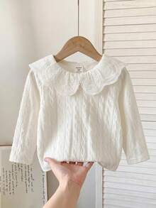 Young Girls T-Shirt, Spring/Autumn Sweet Style Long Sleeve Top, Cable Knit Textured Large Ruffle Peter Pan Collar Blouse, Versatile For School White - Beige - View 1