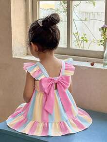 SHEIN LMoss Kids 女嬰可愛夏季蝴蝶結條紋荷葉袖洋裝 - 粉色 - 查看 4
