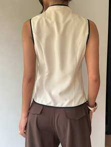 Siren Gaze Women's Beige Frog Button Contrast Trim Textured Vest,Chinese Knot Button,Casual Elegant, Frog Closures Tea Party Brunch Business Four Seasons Autumn - Multicolor - View 4